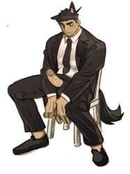 1boy animal_ears bara dark-skinned_male dark_skin dog_boy dog_ears dog_tail ear_down erection full_body girthy_penis highres looking_at_penis male_focus necktie on_chair open_fly original penis shirt short_hair sideburns sitting solo solo_male spread_legs suit tail thick_eyebrows uncensored uza_(hellme) white_background white_shirt