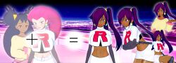 belly_button big_breasts black_body female female_only fusion human iris_(pokemon) jessie_(pokemon) long_gloves multiple_girls pokemon ponytail tagme