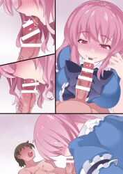 1boy adjusting_hair bar_censor blush bow breasts brown_hair censored clothed_female_nude_male clothing comic fellatio female hammer_(sunset_beach) large_breasts long_hair no_headwear nude open_mouth oral pink_hair saigyouji_yuyuko tongue touhou trembling yuyuko_saigyouji