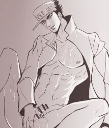 1boy after_masturbation cum cum_on_chest diamond_is_unbreakable dilf gunbam hand_on_penis jojo's_bizarre_adventure jotaro_kujo looking_at_viewer male male_only muscular_male open_clothes penis solo