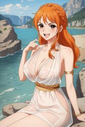 ai_generated big_breasts deinacht female female_only greek_clothes long_hair looking_at_viewer nami nami_(one_piece) one_piece orange_eyes orange_hair post-timeskip smiling_at_viewer stable_diffusion thick_thighs