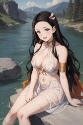 ai_generated black_hair breasts deinacht demon_slayer greek_clothes kamado_nezuko kimetsu_no_yaiba long_hair looking_at_viewer pink_eyes smiling_at_viewer