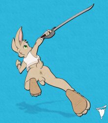 2022 action_pose anthro anus ass backsack balls bat bead_bracelet blue_background bmbrigand cheek_tuft claws clothed clothing cutlass facial_tuft flaccid footwear full-length_portrait genitals green_eyes grey_claws hi_res holding_object holding_sword holding_weapon jumping long-eared_bat looking_up male mammal melee_weapon penis plantigrade portrait pose rear_view sandals shadow short_tail simple_background solo sword tail textured topwear tuft turo_of_akesh vest weapon wingless_bat wraps wrist_wraps