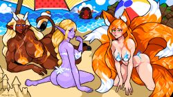 16:9 3girls background beach big_breasts blush brienne_(coc2) corruption_of_champions corruption_of_champions_ii cow_ears elf etheryn female female_focus female_only fox_ears fox_tail kasyrra kitsune kiyoko_(coc) looking_at_viewer minotaur minotaur_female multiple_girls orange_tail pixel_art rohezk