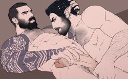 2boys abs arm_hair arm_tattoo bara beard black_hair blue_eyes body_hair braid braided_beard chest_hair completely_nude couple elf erection facial_hair feet_out_of_frame flat_color foreskin foreskin_folds from_below gay gay_sex green_eyes hairy_male hand_on_another's_head happy_sex human humanoid humanoid_penis intact large_pectorals large_penis licking licking_nipple long_beard male male/male male_nipples male_only male_pubic_hair manly mature_male movd_art muscles muscular_male mustache navel_hair nude_male original pectorals penis pointy_ears receding_hairline retracted_foreskin short_hair tattoo testicle_grab thick_eyebrows tongue tongue_out uncensored uncut veiny_penis