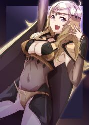 1girls absurdres ahoge arms_up bare_thighs blonde_hair breasts circlet cleavage female female_only fire_emblem fire_emblem_fates grey_eyes highres inner_thighs medium_breasts navel nintendo open_mouth ophelia_(fire_emblem) panties solo swept_bangs teenager thighs to_(tototo_tk) underwear yellow_panties