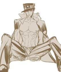 1boy condom_in_mouth gunbam inviting_to_sex jojo's_bizarre_adventure jotaro_kujo legs_held_open looking_at_viewer male male_only muscular_male solo stardust_crusaders unzipped_pants