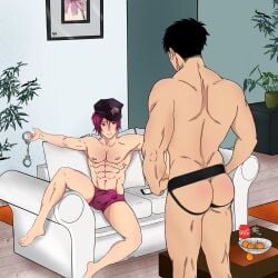 2boys abs almost_naked ass ass_focus black_hair boner bulge coca-cola erect_penis erection free! gay handcuffs jockstrap living_room looking_at_another pink_hair pink_underwear police_hat rin_matsuoka roleplay sofa sosuke_yamazaki spicykiki underwear yamazaki_sosuke yaoi