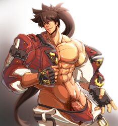 balls bara boner bulge erection erection_under_clothes guilty_gear headband jacket jacket_open long_hair male male_only muscles muscular pants pants_down penis sol_badguy solo solo_male tentenkingyo underwear undressing