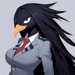 ai_generated anthro avian black_body black_fur black_hair curvaceous feather_hair feathers fully_clothed fumikage_tokoyami gender_transformation genderswap_(mtf) krystalizedart large_breasts long_hair my_hero_academia portrait red_eyes rule_63 seductive seductive_eyes seductive_look seductive_pose solo solo_female solo_focus thin_waist tie tokoyami_fumikage u.a._school_uniform upper_body