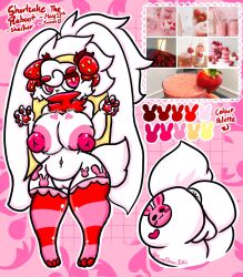 anthro anus ass big_breasts big_butt breasts clothing english_text female food fruit generation_8_pokemon genitals hair heart hi_res legwear lewdchuu_(artist) long_ears nintendo nipples pink_eyes pink_nipples plant pokemon pokemon_(species) pussy raboot scut_tail short_tail solo star stockings strawberry tail text white_body white_hair