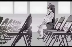 1girls alone chair clothing dildo dress_shirt folding_chair formal_attire formal_wear hidden hime_cut large_breasts long_hair sitting sitting_on_chair sitting_upright skirt sweat sweating white_shirt