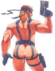 ass bara beard beaugilliam belt casual cum cum_on_ass facial_hair firearm gloves gun handgun handwear headband human konami legwear looking_back male male_only metal_gear metal_gear_solid muscles muscular pale_skin solid_snake solo solo_male tactical_nudity weapon