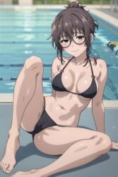 1girls ai_generated asking_for_it big_breasts bikini black_bikini black_eyes brown_hair call_of_the_night depth_of_field glasses legs looking_at_viewer partially_nude perfect_body pool public_pool raised_leg round_glasses seductive sitting_on_floor smile thighs uguisu_anko water yofukashi_no_uta