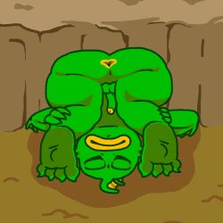 4_toes anthro anus ass balls digital_drawing_(artwork) digital_media_(artwork) feet fish fish_(nuclear_throne) genitals green_body green_skin lips male marine nuclear_throne nude scary_lemon simple_background solo thick_lips toes yellow_anus