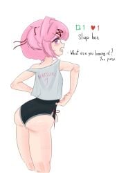 1girls angry ass background booty_shorts butt clothes clothing dialogue doki_doki_literature_club emiillb english_text female female_only hair_intakes heart_icon looking_back natsuki_(doki_doki_literature_club) pink_eyes pink_hair rear_view retweet_icon shorts simple_background solo talking_to_viewer text white_background