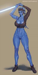 aayla_secura abs alien blue_lightsaber blue_skin bottomless breasts brown_eyes brown_footwear brown_shirt cleavage colored_skin crop_top energy_sword female full_body holding_lightsaber kupocun large_breasts lightsaber looking_at_viewer navel patreon_username pussy shadow shirt shoes simple_background solo star_wars sword twi'lek weapon web_address