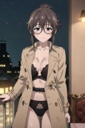 1girls ai_generated balcony big_breasts black_eyes black_lingerie brown_hair call_of_the_night glasses hotel_room lingerie looking_at_viewer night partially_nude perfect_body round_glasses standing thighs trenchcoat uguisu_anko yofukashi_no_uta