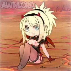 awnlord blonde_hair blue_eyes demon_costume devil devil_horns devil_tail female female_only gacha gacha_club gacha_heat gacha_life gloves lace_stockings looking_at_viewer medium_breasts ponytail sitting solo solo_female stockings