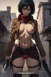 2dvice ai_generated anime_style attack_on_titan belt big_breasts cleavage flashing hentai mikasa_ackerman military military_uniform red_panties red_scarf serious short_hair skirt skirt_lift sword topless warrior