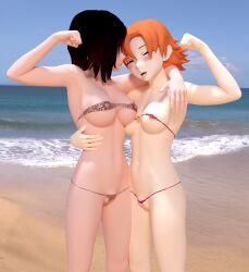 2girls 3d areola_slip beach bellybutton black_hair blush cameltoe cleft_of_venus color daz_studio exhibitionism female female_only flexing impossible_clothes light-skinned_female lovingrwby multicolored_hair multiple_girls navel nipple_slip nora_valkyrie ocean orange_hair public red_hair rooster_teeth ruby_rose rwby short_hair shorts string_bikini string_bra string_panties toned_female toned_stomach tongue_out two_tone_hair workout