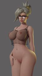 3d big_breasts blue_eyes breasts fishnets glasses large_breasts looking_at_viewer mercy mrveryoliveoil overwatch overwatch_2 overweight plain_background short_hair wide_hips