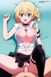 1boy 1girls ai_generated blonde_hair blue_eyes collar commission demens_kippy erect_nipples erect_penis horny_female humanoid jidou_hanbaiki_ni_umarekawatta_ore_wa_meikyuu_wo_samayou lammis_(jihanki) large_breasts looking_at_viewer looking_pleasured male nude_male outdoors pov pussy reborn_as_a_vending_machine,_i_now_wander_the_dungeon sex skirt spread_legs tagme uncensored vaginal_penetration