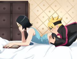 1boy 1girls absurdres ass ass_grab ass_worship bare_shoulders bed bed_sheet black_hair blonde_hair blue_eyes bored boruto:_naruto_next_generations closed_eyes closed_mouth expressionless eyebrows face_in_ass fetish forehead_protector from_side glasses gluteal_fold highres indoors lying master_chimichurri masturbation multitasking naruto naruto_(series) necktie no_shoes nose on_bed on_stomach penis pillow reading sarada_uchiha short_hair smelling smile straight uchiha_sarada unamused uninterested uzumaki_boruto worship