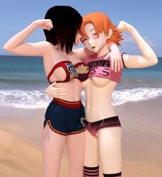 2girls 3d areola_slip beach bellybutton black_hair cameltoe color crop_top daz_studio exhibitionism female female_only flexing gym_uniform light-skinned_female lovingrwby multicolored_hair multiple_girls navel nipple_slip nora_valkyrie ocean orange_hair public red_hair rooster_teeth ruby_rose rwby short_hair shorts sideboob thighhighs toned_female toned_stomach tongue_out two_tone_hair underboob workout workout_clothes