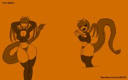 artist_name blep chumoku(coryhen) closed_eyes coryhen_(artist) dragon dragon_girl feet_out_of_frame gills looking_at_viewer old_art orange_background reptile scaleless simple_background small_fangs small_horns tail thick_thighs thighhighs thong waving_hand wings