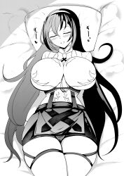 1girls alear_(female)_(fire_emblem) alear_(fire_emblem) bare_thighs bed blush breasts closed_eyes comic curvy female female_only fire_emblem fire_emblem_engage garter_straps greyscale hair_between_eyes hairband huge_breasts indoors japanese_text long_hair monochrome multicolored_hair nintendo on_back on_bed pillow shorts skindentation skirt sleeping smile solo sound_effects tea_texiamato text thick_thighs thighhighs thighs tiamat_(momokuri_mannen) very_long_hair voluptuous