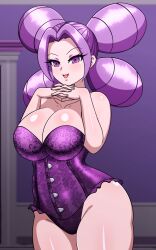 big_breasts corset fantina_(pokemon) female female_only gym_leader light-skinned_female light_skin lingerie pokémon pokemon purple_eyes purple_hair solo solo_female teddy_(clothing) wide_hips yensh