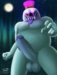 3:4 anthro balls belly big_belly boo_(mario) crown digital_media_(artwork) erection genitals ghost glowing glowing_eyes headgear hi_res humanoid_genitalia humanoid_penis king_boo luigi's_mansion male mario_(series) moon night nintendo nipples not_furry nude open_mouth outside overweight overweight_male penis simple_background slightly_chubby solo spirit star teeth timidwithapen tongue tongue_out tpngue_out vein veiny_penis