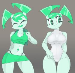 1girls 2d backpack big_breasts crop_top female female_only green_body green_eyes green_hair humanoid jenny_wakeman leotard my_life_as_a_teenage_robot robot robot_girl robot_humanoid shadowolfz skirt smile solo tagme wide_hips xj-9