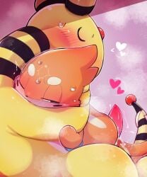 ampharos anthro ass badwingm blush bodily_fluids buizel closed_eyes cum duo generation_2_pokemon generation_4_pokemon genital_fluids genitals half-closed_eyes heart hi_res male narrowed_eyes nintendo orange_body penis pokemon pokemon_(species) tail yellow_body