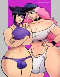 2022 2futas balls bangs big_breasts big_penis black_hair breasts bulge canon_futanari clothed clothing crossed_arms duo flaccid futa_only futanari huge_balls huge_cock human juri_han light-skinned_futanari light_skin long_hair looselou mostly_nude panties penis penis_in_panties penis_size_difference pink_hair poison_(final_fight) short_hair standing street_fighter