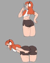 5kayart ass blush cameltoe female female_only freckles glitch_productions grey_background headphones human_meggy looking_at_viewer looking_back meggy_spletzer pussy_visible_through_clothes red_hair shorts smg4 smile spread_ass sunset_paradise