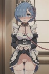 1girls ai_generated bangs blue_eyes blue_hair blush collar edited_ai_art female female_focus female_only hair_ornament hair_over_one_eye leash maid maid_headdress maid_uniform matching_hair/eyes pixai pussy re:zero_kara_hajimeru_isekai_seikatsu rem_(re:zero) roswaal_mansion_maid_uniform shaved_pussy short_hair skirt_lift thighhighs viewer_holding_leash white_thighhighs x_hair_ornament