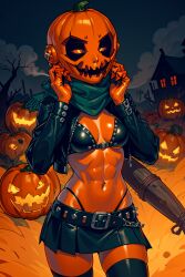 abs ai_generated bra jack_o'_lantern jacket midriff pumpkin pumpkin_girl pumpkin_head skirt thong