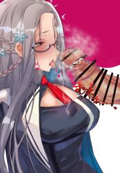 azur_lane blush censor_bar censored glasses grey_hair large_breasts large_penis long_hair penis precum saliva shangri-la_(azur_lane) smegma smelling suushiki tongue_out yellow_eyes