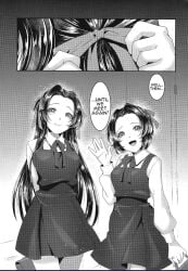 2girls demon_slayer kimetsu_no_yaiba kochou_kanae kochou_shinobu long_hair monochrome school_uniform schoolgirl sha_(pixiv) short_hair wave