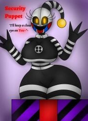 big_breasts black_body box breasts breasts_bigger_than_head button collared_shirt eyelashes fat_ass female female_only five_nights_at_freddy's fnaf freddy_fazbear's_pizzeria_simulator jester_cap jester_hat marionette_(fnaf) present_box puppet_(fnaf) puppet_box red_lips red_lipstick scottgames security_puppet_(fnaf) stripes tears three_fingers white_button white_stripes