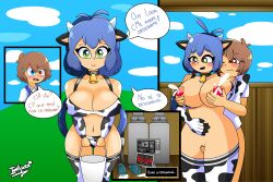 1boy 1boy1girl 1girls big_breasts bigger_female blue_hair cow_girl fnafhs iori_licea loon_(fnafhs) milking milking_breasts milking_machine size_difference smaller_male usagi_(fnafhs)