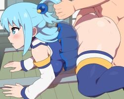 1boy 1girls aqua_(konosuba) ass big_ass big_breasts big_butt blue_hair blush bottomless breasts female goddess high_heel_boots huge_butt kabeume kono_subarashii_sekai_ni_shukufuku_wo! light_skin looking_back sex skirt