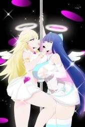 2girls alternate_costume angel angel_wings b1ackgoldsaw between_breasts big_breasts blue_eyes breast_press breasts colored_inner_hair female goth goth_girl gothic hearts large_breasts long_hair panty_&_stocking_with_garterbelt panty_anarchy stocking_anarchy stripper_pole thick_thighs tits tongue wings