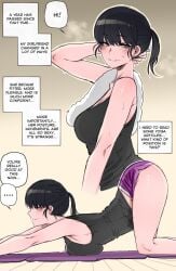 1girls big_ass big_breasts big_butt black_hair blush cheating cheating_girlfriend color colored comic dialogue doujinshi downward_dog downward_dog_pose english_text female female_only girlfriend hi_res high_resolution highres large_ass large_breasts large_butt mr.skull ntr original ratatatat74 short_hair shorts solo text third-party_edit top-down_bottom-up voluptuous voluptuous_female yoga