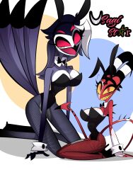 2girls beak big_breasts bird blitzo_(helluva_boss) bowtie bunny_ears bunny_girl bunnysuit cleavage demon easter feathers female_blitzo female_stolas fishnets grey_body grey_hair helluva_boss high_heels horn horns kneeling looking_at_viewer red_body red_eyes rule_63 sharp_teeth smile stolas_(helluva_boss) tagme tail taller_girl usagi_star white_hair wide_hips yellow_eyes