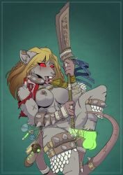 2023 5_fingers anthro armor big_breasts blonde_hair blush bone_accessory breasts buckteeth clothing collar digit_ring dildo dildo_in_pussy dildo_insertion ear_piercing female fingers fur genitals green_background green_dildo grey_body grey_fur hair halberd hi_res holding_halberd jacket jewelry mammal masturbation melee_weapon nipple_piercing nipples open_mouth penetration piercing polearm pussy raised_leg red_clothing red_eyes red_jacket red_topwear ring riskit_cheesethief rodent scar sex_toy sex_toy_in_pussy sex_toy_insertion simple_background skaven solo spiked_collar spikes teeth toe_ring tongue tongue_out topwear torn_clothing unconvincing_armor vaginal_masturbation vaginal_penetration vial warhammer_(franchise) warhammer_fantasy weapon yawg