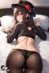 ai_generated ass ass_focus bed blush bra breasts brown_hair butt_crack cameltoe come_hither female from_behind genshin_impact hat hat_ornament hu_tao_(genshin_impact) huge_ass long_hair looking_at_viewer looking_back naughty_face pantyhose red_eyes shiny shiny_hair shiny_skin smile solo thong thong_under_pantyhose top-down_bottom-up twintails very_long_hair