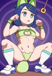 1girls blue_hair bra breasts female female_only green_eyes hypnosis hypnotized kabeume light-skinned_female light_skin liko_(pokemon) medium_breasts mind_control nintendo pokémon_(species) pokemon pokemon_(anime) pokemon_horizons short_hair slim_waist solo sprigatito sprigatito_(cosplay) squatting thick_thighs